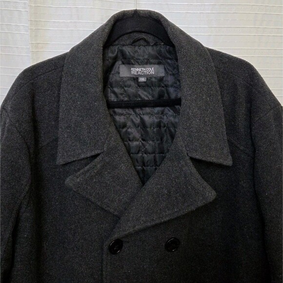 Kenneth Cole Reaction Pea Coat Men's XXL Double Breasted Wool Blend Charcoal - Picture 2 of 13